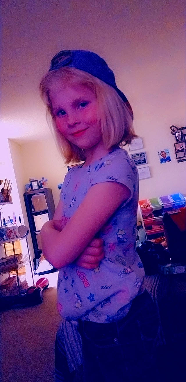 Sophia is registered to the contest to win money with this photo: bangs, blond, cool, electric_blue, eyewear, fun, happy, human_body, iris, joy, long_hair, magenta, pattern, person, pink, purple, skin, sleeve, smile, toddler