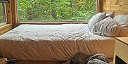 Winston joined the competition — help win amazing prizes! bedroom, wooden_wall, large_window, green_trees, dog, dog_bed, black_dog, pillows, white_bed_sheets, wooden_furniture, cozy, indoor, daylight, nature_view, blanket, relaxation, pet, resting, calm, snug
