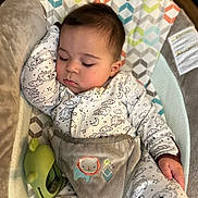 Isaiah is registered to the contest to win money with this photo: baby, sleeping, pajamas, toy, baby_seat, patterned, clouds, moon, soft_texture, cute, infant, peaceful, child, cozy, nap, hand, face, head, indoor, comfort