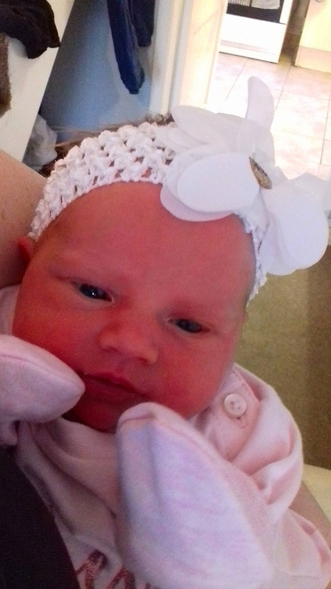 Daisy-mae is registered to the contest to win money with this photo: baby, bonnet, cheek, child, face, hair_accessory, head, headgear, lip, mouth, nose, person, pink, skin, toddler