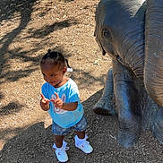 Harlee joined the competition — help win amazing prizes! child, cute, daytime, elephant, greenery, ground, hair_braids, nature, outdoor, park, person, playful, pose, shorts, smiling, sneakers, statue, sunlight, toddler, tree