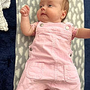 Aurora-Grace is registered to the contest to win money with this photo: baby, infant, pink_dress, blanket, patterned_blanket, cute, child, portrait, lying_down, fist, cheeks, skin, foot, hand, clothing, fabric, indoors, person, newborn, soft_light