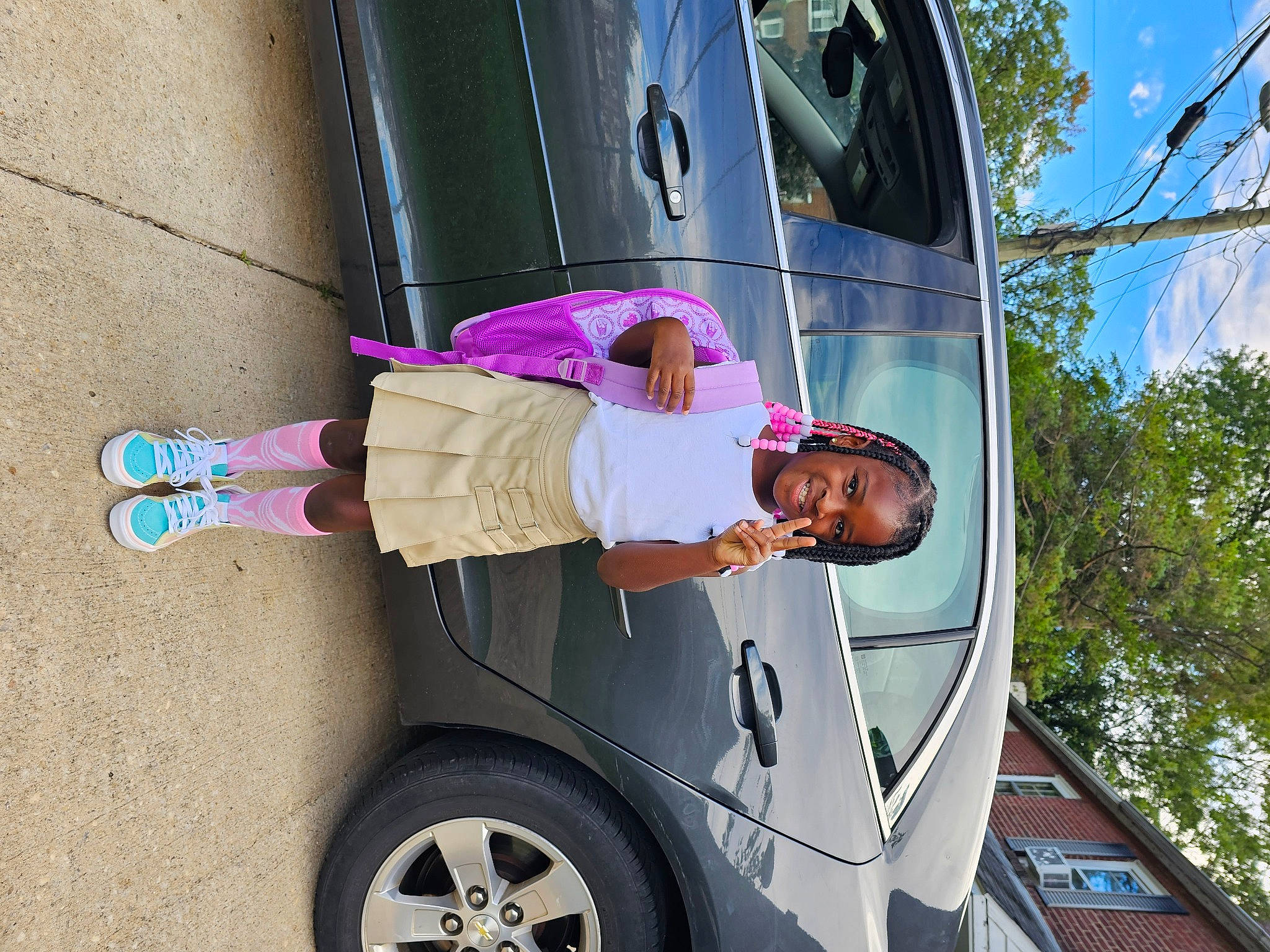 Ziyah joined the competition — help win amazing prizes! auto_part, automotive_design, automotive_exterior, automotive_tire, automotive_wheel_system, bumper, car, fender, joy, line, motor_vehicle, person, sky, sunglasses, t_shirt, tire, tread, tree, vehicle, vehicle_door