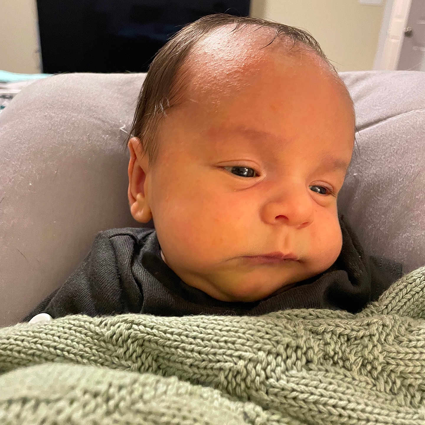 Hayden joined the competition — help win amazing prizes! baby, bed, bedroom, blanket, computerhardware, cushion, electronics, face, happy, hardware, head, homedecor, monitor, newborn, person, photography, portrait, quilt, screen, smile