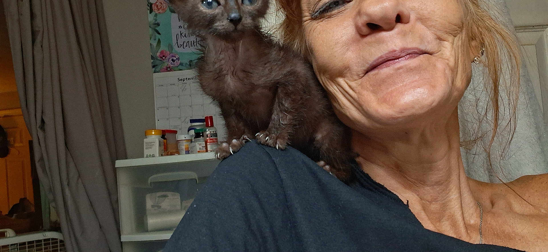 Layla Jayne Ali is registered to the contest to win money with this photo: woman, cat, pet, shoulder, indoor, calendar, shelf, bottles, smile, face, fur, clothing, curly_hair, wrinkles, necklace, curious, closeup, portrait, domestic, casual