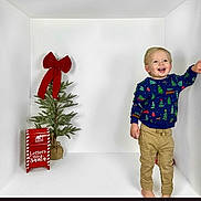 Maverick is registered to the contest to win money with this photo: toddler, child, smiling, christmas_sweater, holiday, small_tree, red_bow, mailbox, letters_to_santa, barefoot, white_background, festive, joyful, indoor, cute, young_child, pants, standing, happy, pose