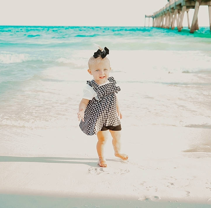 Erynn joined the competition — help win amazing prizes! barefoot, beach, coastal_and_oceanic_landforms, dress, fun, happy, human_leg, joy, leg, leisure, pattern, people_in_nature, people_on_beach, person, sand, shore, sunglasses, toddler, travel, tree