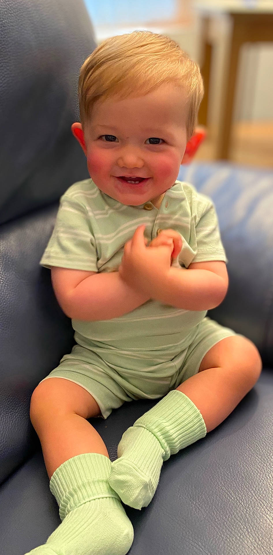 Albie joined the competition — help win amazing prizes! baby, blonde, bodypart, clothing, couch, face, finger, furniture, hair, hand, happy, head, hosiery, person, photography, portrait, shorts, sitting, smile, sock