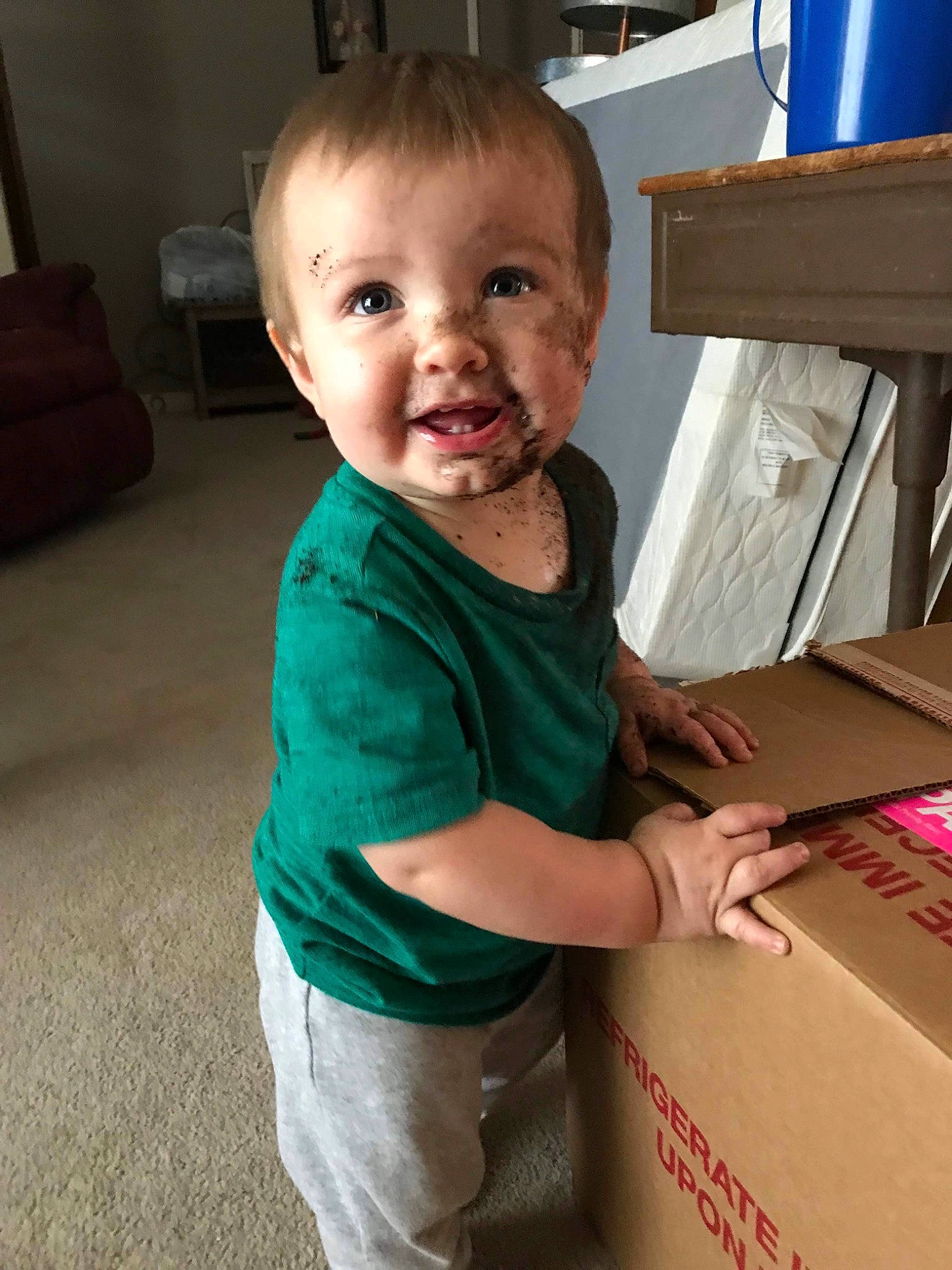 Gavin is registered to the contest to win money with this photo: arm, baby, child, eye, finger, fun, person, play, shoulder, sitting, skin, smile, standing, t_shirt, toddler