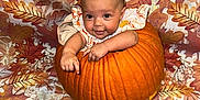 Kinlee joined the competition — help win amazing prizes! baby, pumpkin, autumn, fall, leaves, orange, child, smiling, festive, background, floor, decoration, cute, portrait, seasonal, holiday, indoors, clothing, barefoot, photography