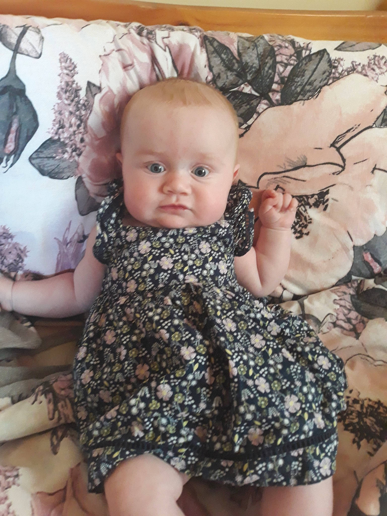 Aylah joined the competition — help win amazing prizes! arm, baby, cheek, child, design, dress, head, leg, pattern, person, sitting, skin, smile, toddler, trunk