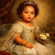Miah'Ja joined the competition — help win amazing prizes! bouquet, child, classic, curly_hair, decorative, dress, elegant, embroidery, flowers, formal, gown, indoor, portrait, pose, princess, royalty, tiara, toddler, vintage_style, young_child