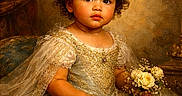 Miah'Ja joined the competition — help win amazing prizes! bouquet, child, classic, curly_hair, decorative, dress, elegant, embroidery, flowers, formal, gown, indoor, portrait, pose, princess, royalty, tiara, toddler, vintage_style, young_child
