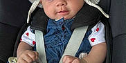 Ariana joined the competition — help win amazing prizes! baby, blanket, car_seat, child, clothing, cute, denim, face, hat, headwear, holding, indoors, infant, maxi_cosi, portrait, safety, seatbelt, sitting, small_hands, white_hat