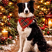 Maggie Mae joined the competition — help win amazing prizes! dog, border_collie, bandana, plaid, christmas_lights, candles, snow, winter, festive, holiday, outdoor, pet, black_and_white_fur, sitting, pathway, lantern, decorations, red_berries, nature, portrait