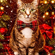 Stitch joined the competition — help win amazing prizes! cat, tabby_cat, bow_tie, plaid, christmas, holiday, festive, snow, lights, greenery, decorations, blanket, cozy, indoor, portrait, pet, animal, cute, seasonal, warm