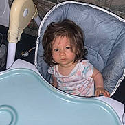 Dunja participe au concours pour gagner de l'argent avec cette photo : child, baby, high_chair, indoor, toddler, face, person, furniture, tray, hair, expression, clothing, seat, wall, stone_wall, plastic, hand, looking, young, cute