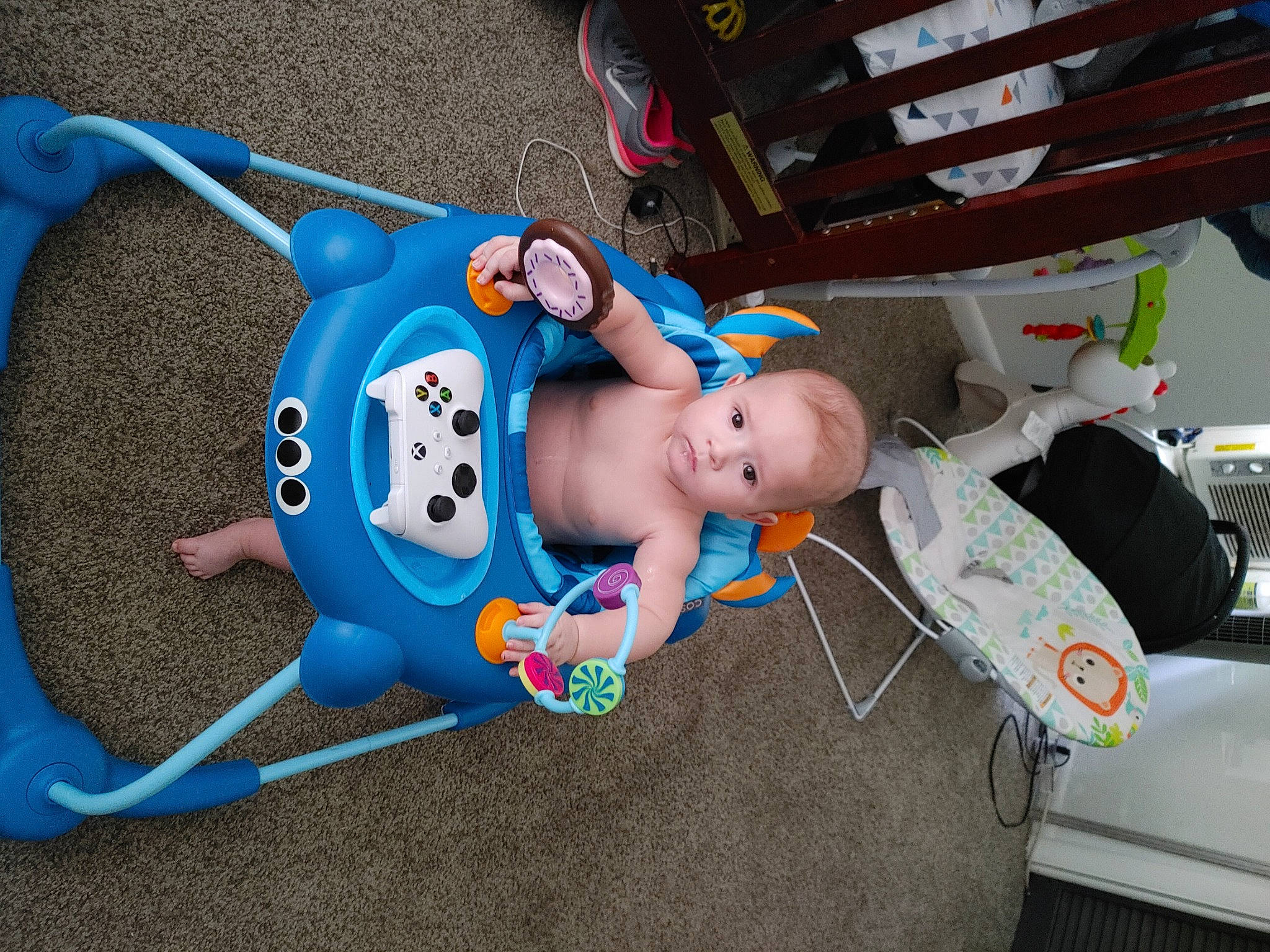 Gerald is registered to the contest to win money with this photo: baby, baby_products, baby_toddler_clothing, baby_toys, child, costume, diving_mask, electric_blue, fictional_character, fun, person, personal_protective_equipment, plastic, play, plush, recreation, room, stuffed_toy, toddler, toy