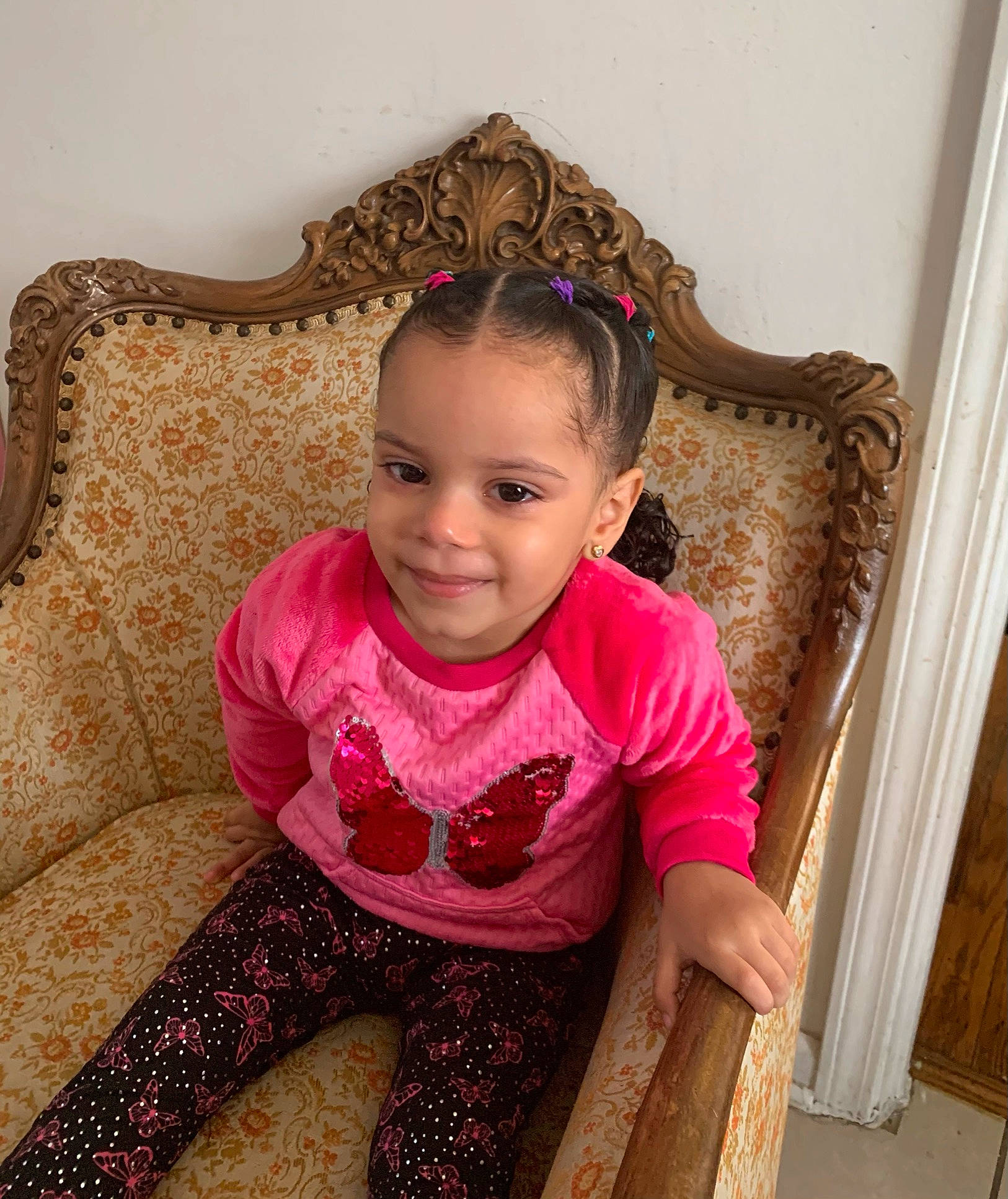 Harmony joined the competition — help win amazing prizes! baby_toddler_clothing, chair, comfort, eye, facial_expression, fashion, hair, hairstyle, happy, head, human_body, joy, leg, mammal, neck, person, pink, skin, sleeve, smile