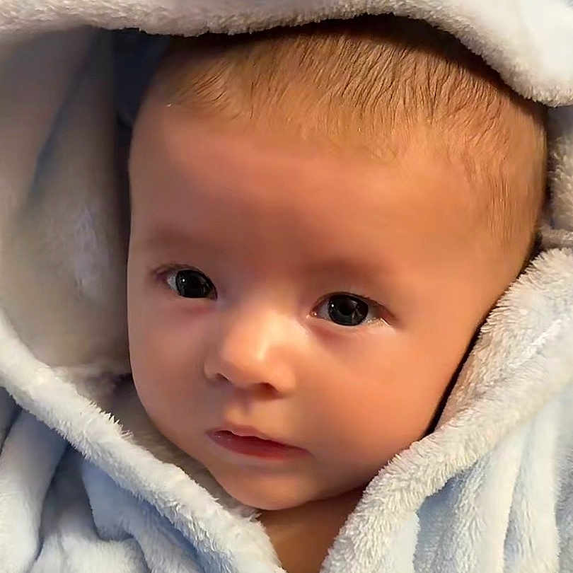 Stetson joined the competition — help win amazing prizes! baby, infant, child, portrait, face, eyes, looking_at_camera, blanket, hood, bundled_up, cozy, indoors, close_up, head, skin, soft_lighting, adorable, calm, photography, newborn