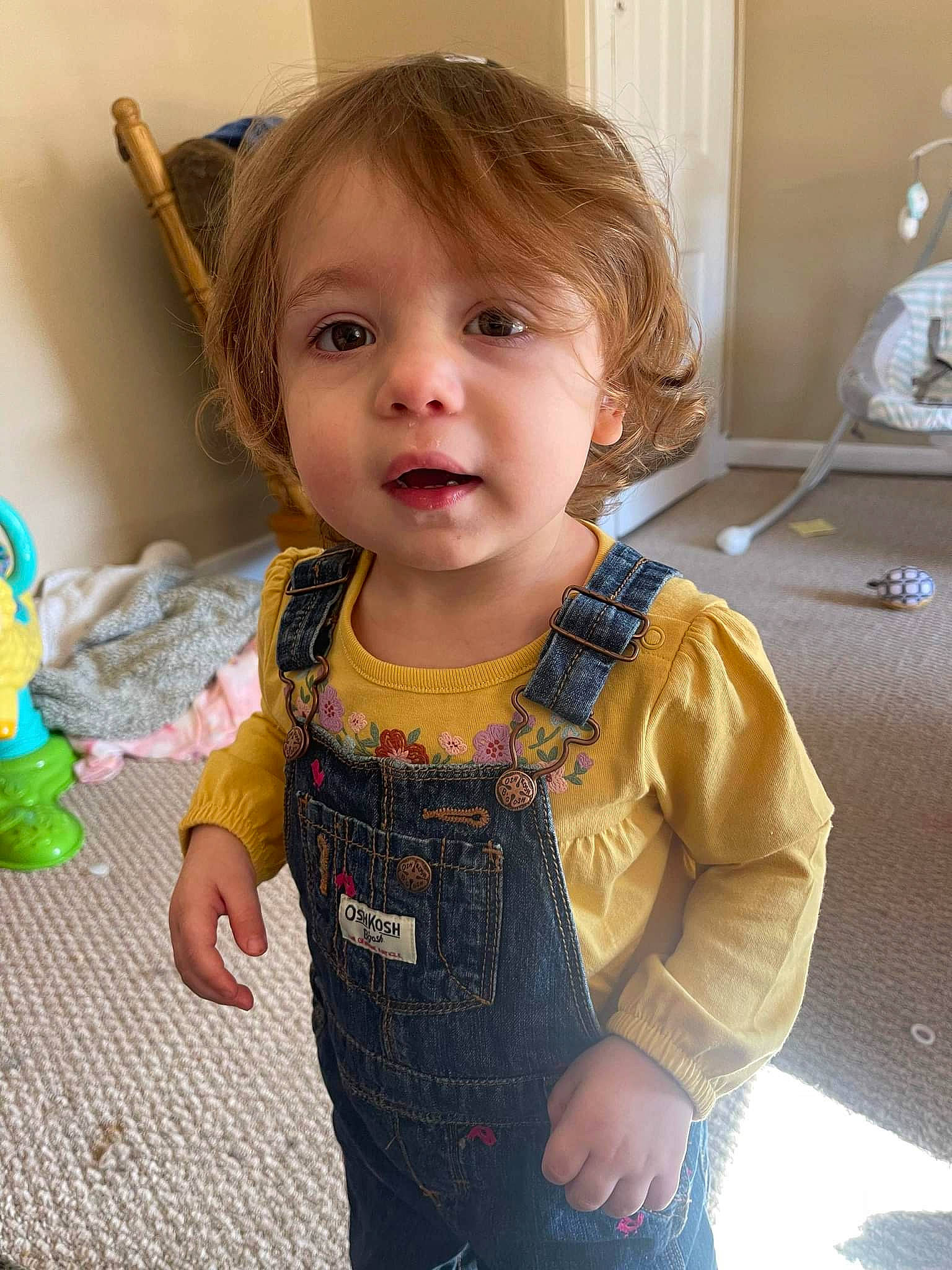 Jadyn is registered to the contest to win money with this photo: baby, baby_toddler_clothing, cheek, child, chin, dress, eye, face, flooring, fun, hair, happy, head, iris, lip, nose, person, skin, sleeve, toddler