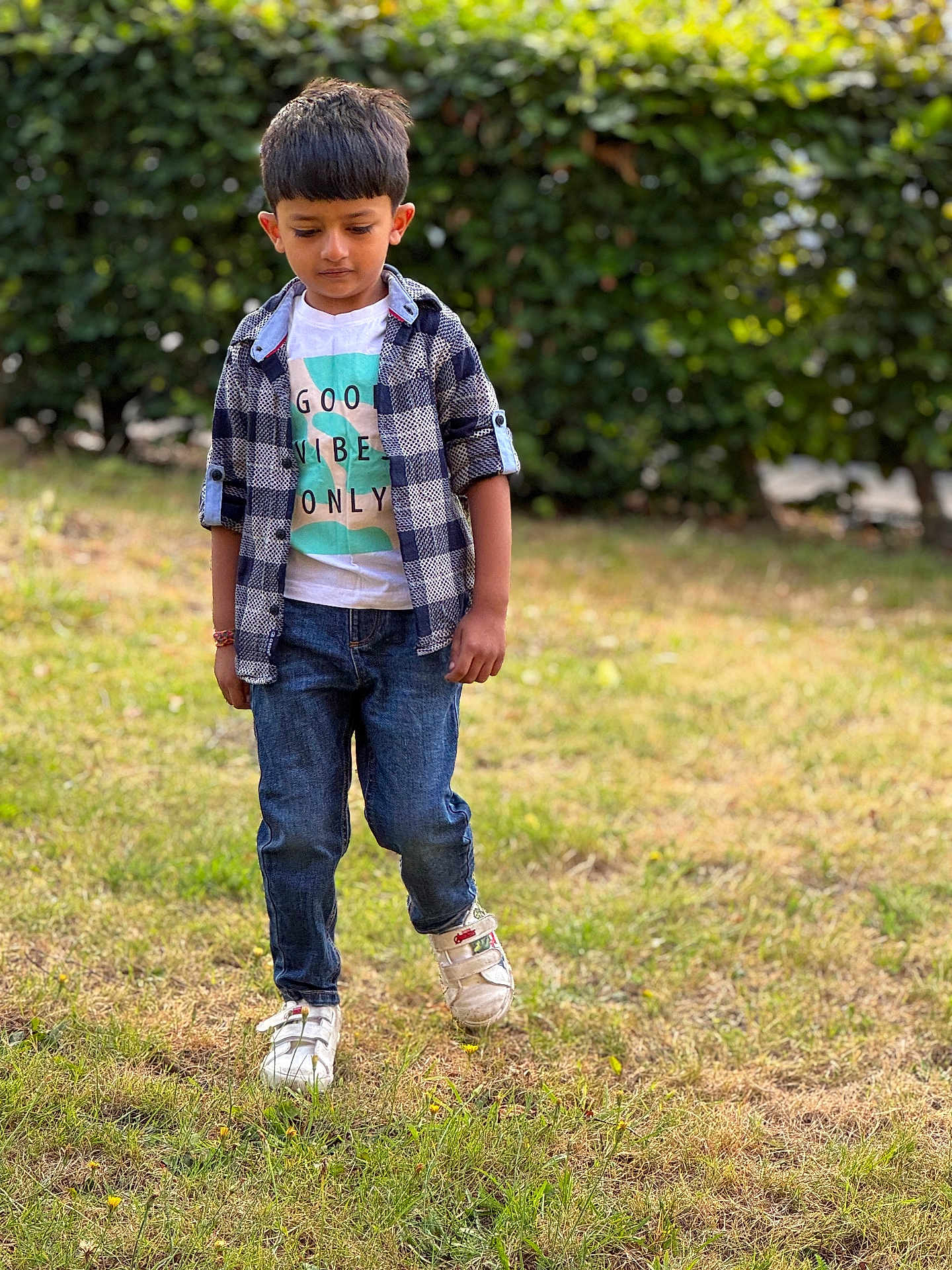 Aadhya is registered to the contest to win money with this photo: child, boy, grass, outdoor, greenery, casual_clothing, jeans, shirt, sneakers, walking, daylight, nature, background_blur, short_hair, young, person, expression, park, shoes, tshirt