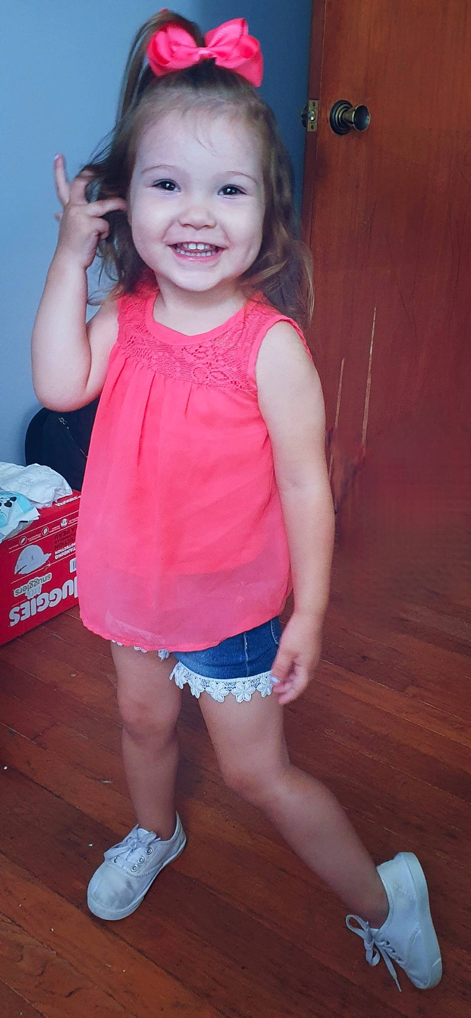 Haidyn is registered to the contest to win money with this photo: child, child_model, joy, leg, person, pink, skin, smile, standing, toddler