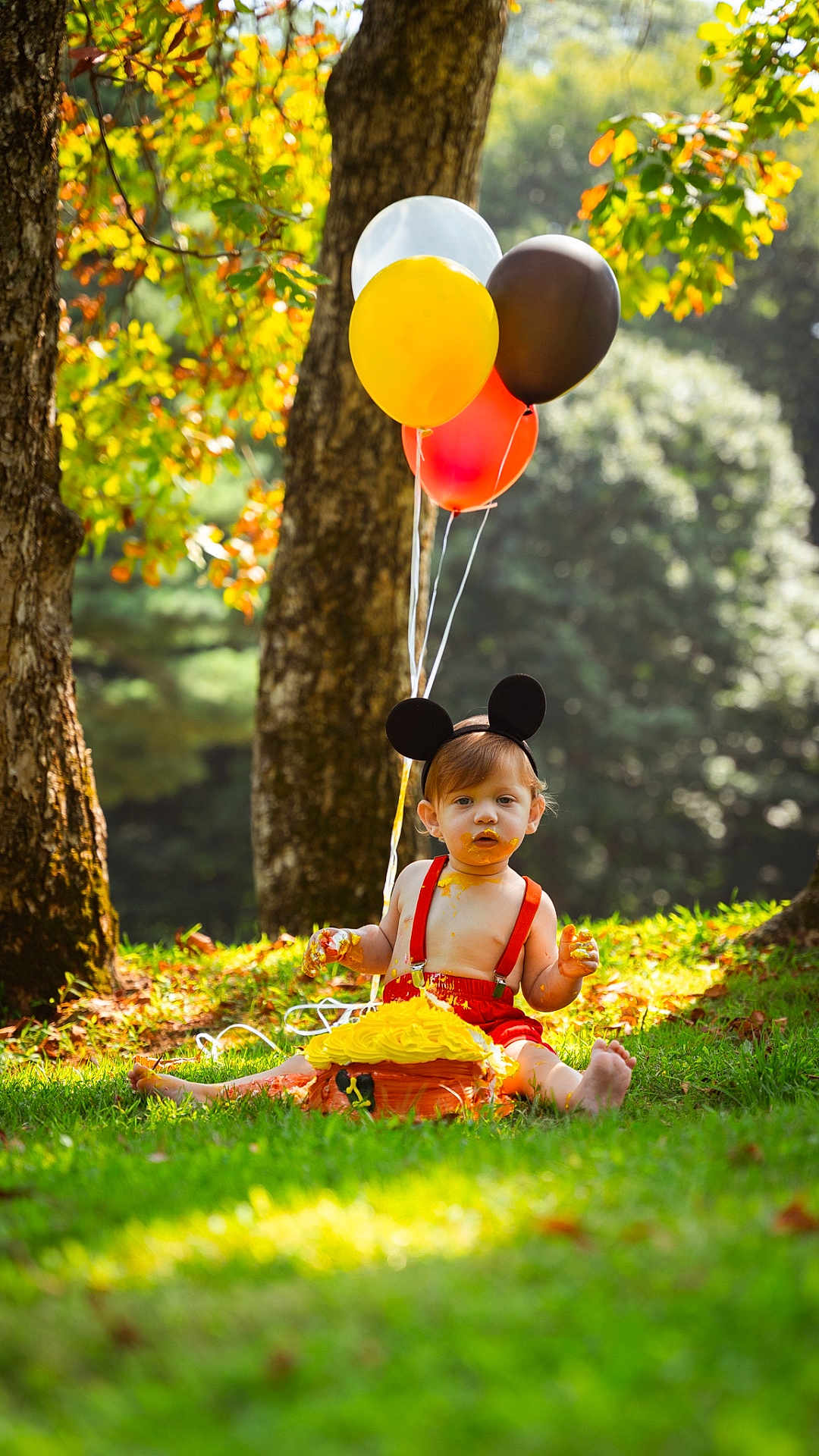 João Lucas joined the competition — help win amazing prizes! toddler, child, cake, balloons, grass, outdoor, tree, sunlight, mouse_ears, red_suspender, yellow_frosting, messy, birthday, celebration, nature, greenery, cute, playful, summer, portrait