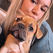 Gucci joined the competition — help win amazing prizes! woman, dog, puppy, french_bulldog, face, closeup, blonde_hair, indoor, human_hand, affection, cuddle, pet, cute, animal, portrait, expression, casual_clothing, home, love, holding