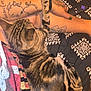 cat, tabby_cat, tattoo, human_arm, paw, blanket, remote_control, patterned_fabric, striped_fur, resting, indoor, close_up, pet, animal, relaxation, comfort, person, skin, nail_polish, casual