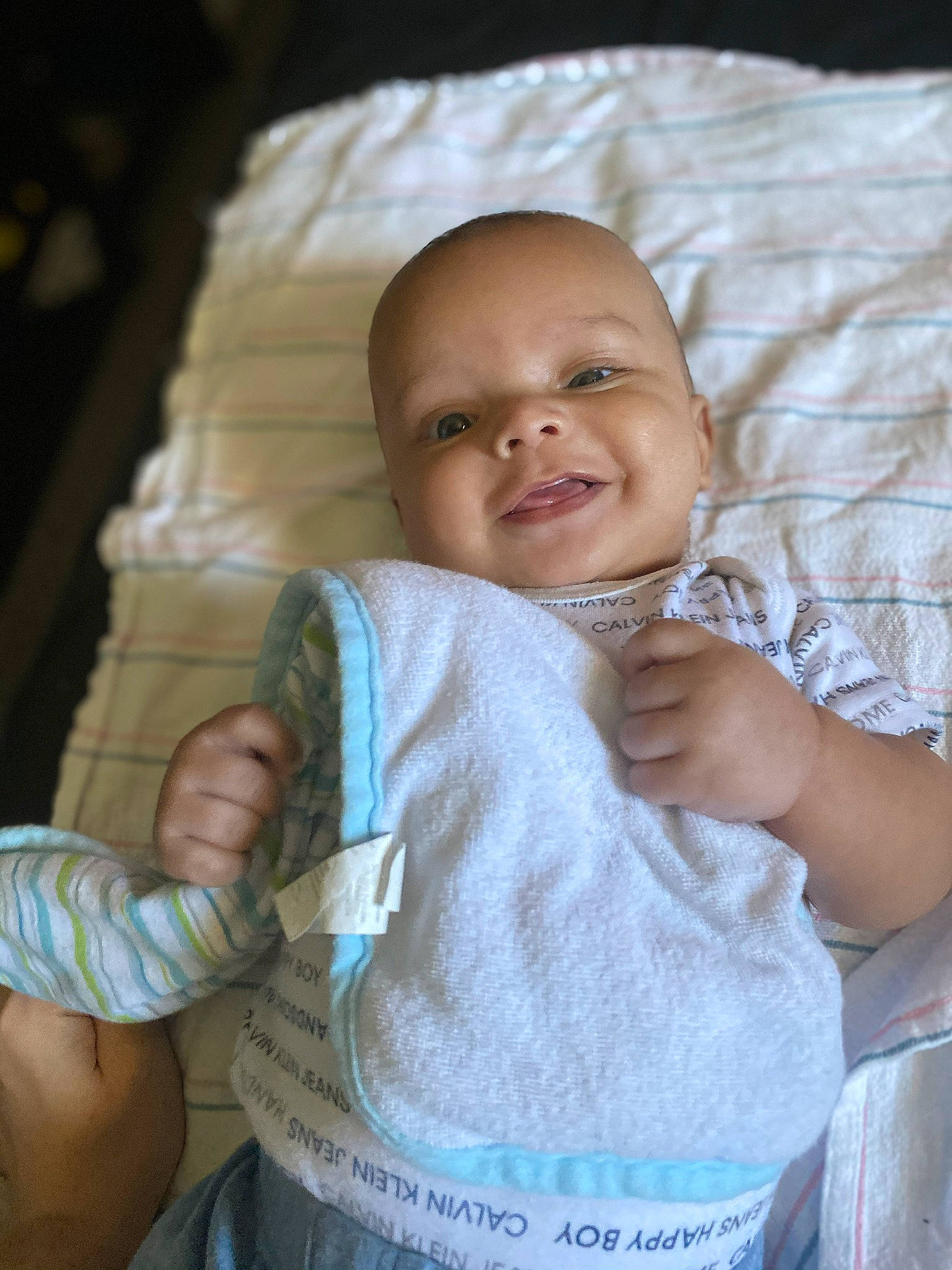 Jalen joined the competition — help win amazing prizes! arm, baby, baby_products, baby_toddler_clothing, bed, cheek, child, comfort, finger, hand, laugh, linens, person, product, skin, thumb, toddler, tooth