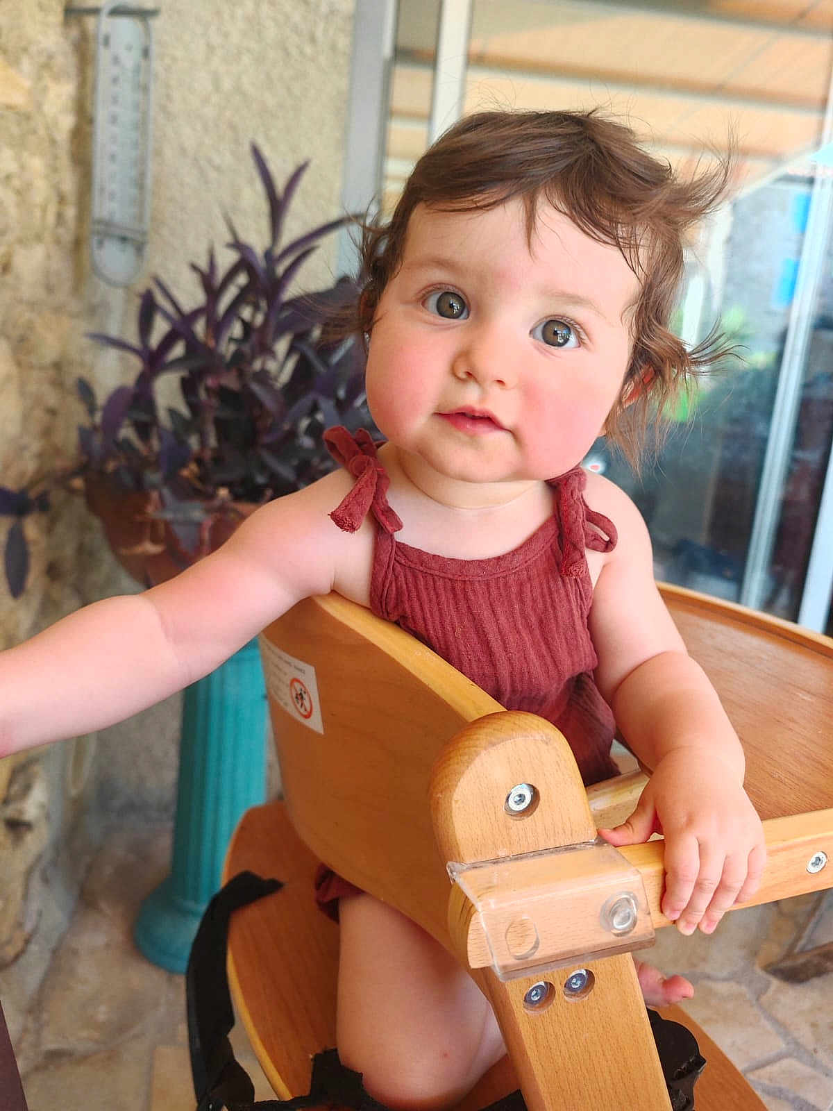 Ambre a rejoint le concours — aidez-le/la à gagner de superbes lots ! toddler, child, baby, high_chair, wooden_chair, curious, indoors, plant, potted_plant, stone_wall, brown_hair, casual_clothing, sleeveless_top, reaching_hand, expression, face, portrait, cute, young_child, natural_light
