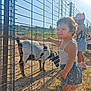 animal, child, curious, daytime, fence, footwear, goat, grass, hat, nature, outdoor, people, petting_zoo, play, rural, shorts, summer, sunlight, tank_top, toddler