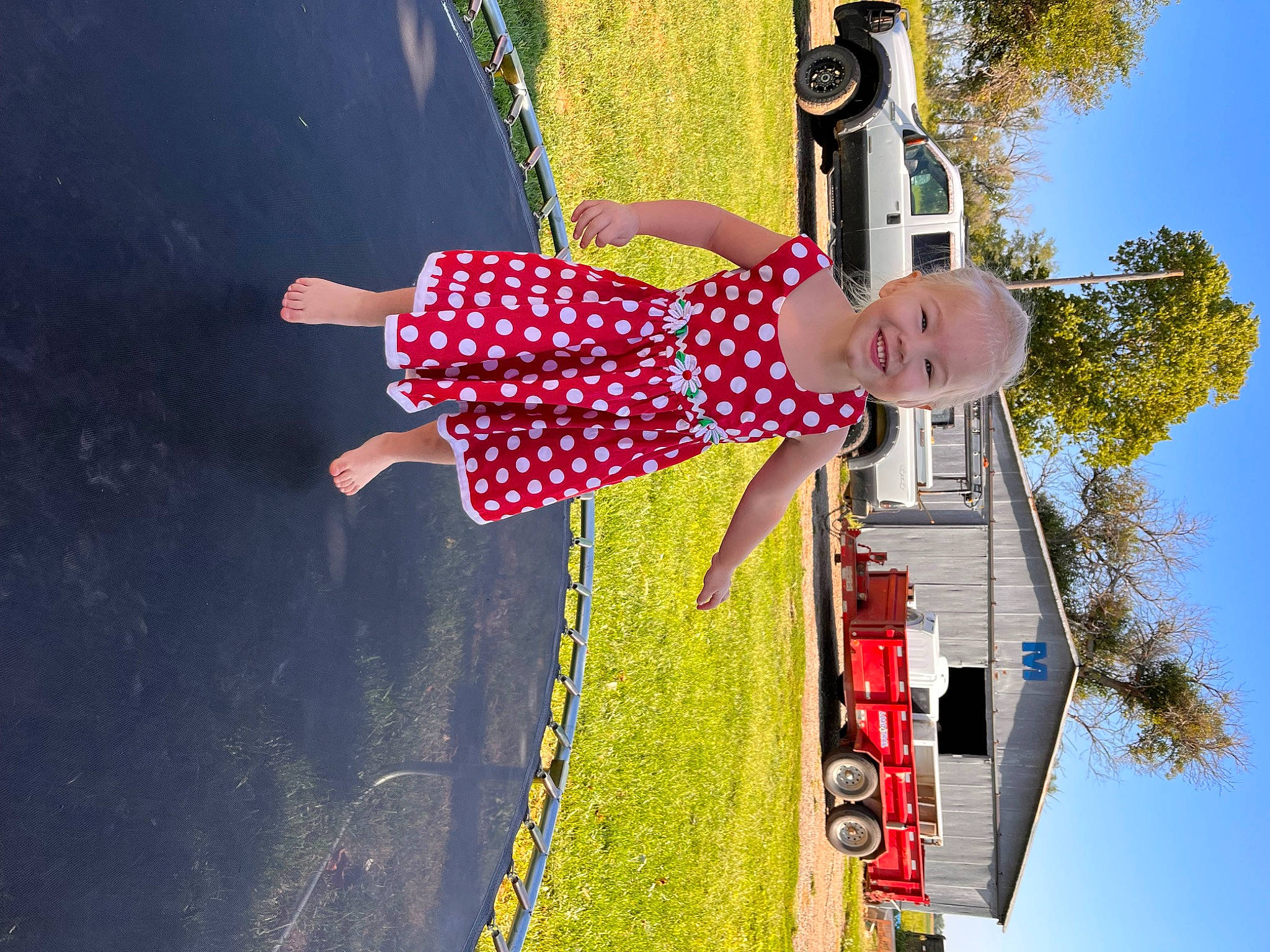 Lucy joined the competition — help win amazing prizes! asphalt, car, dress, fun, happy, joy, leisure, light, line, person, photograph, plant, pole, recreation, red, sky, smile, tints_and_shades, tire, tree