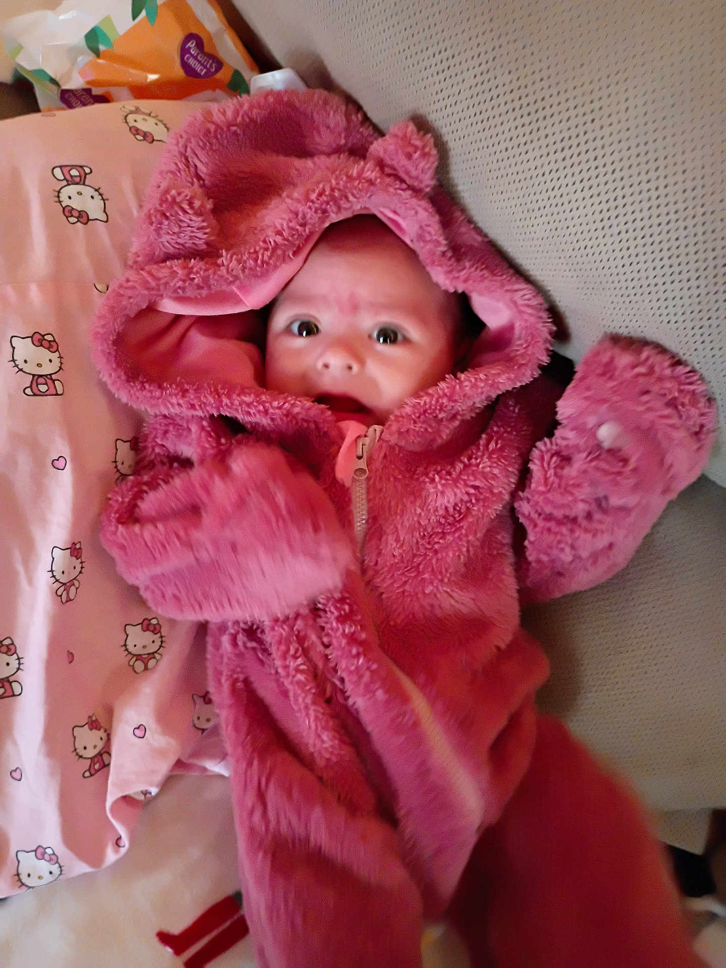 Jocelyn is registered to the contest to win money with this photo: baby, infant, hooded_jacket, pink, plush, blanket, hello_kitty, cute, eyes, face, portrait, indoors, sofa, zipper, mittens, cozy, soft_texture, fabric, bedding, hood