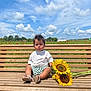 toddler, child, bench, sunflowers, flower_field, sky, clouds, grass, outdoor, greenery, summer, nature, sunlight, casual_clothing, striped_shorts, white_shirt, sandals, sitting, portrait, daytime