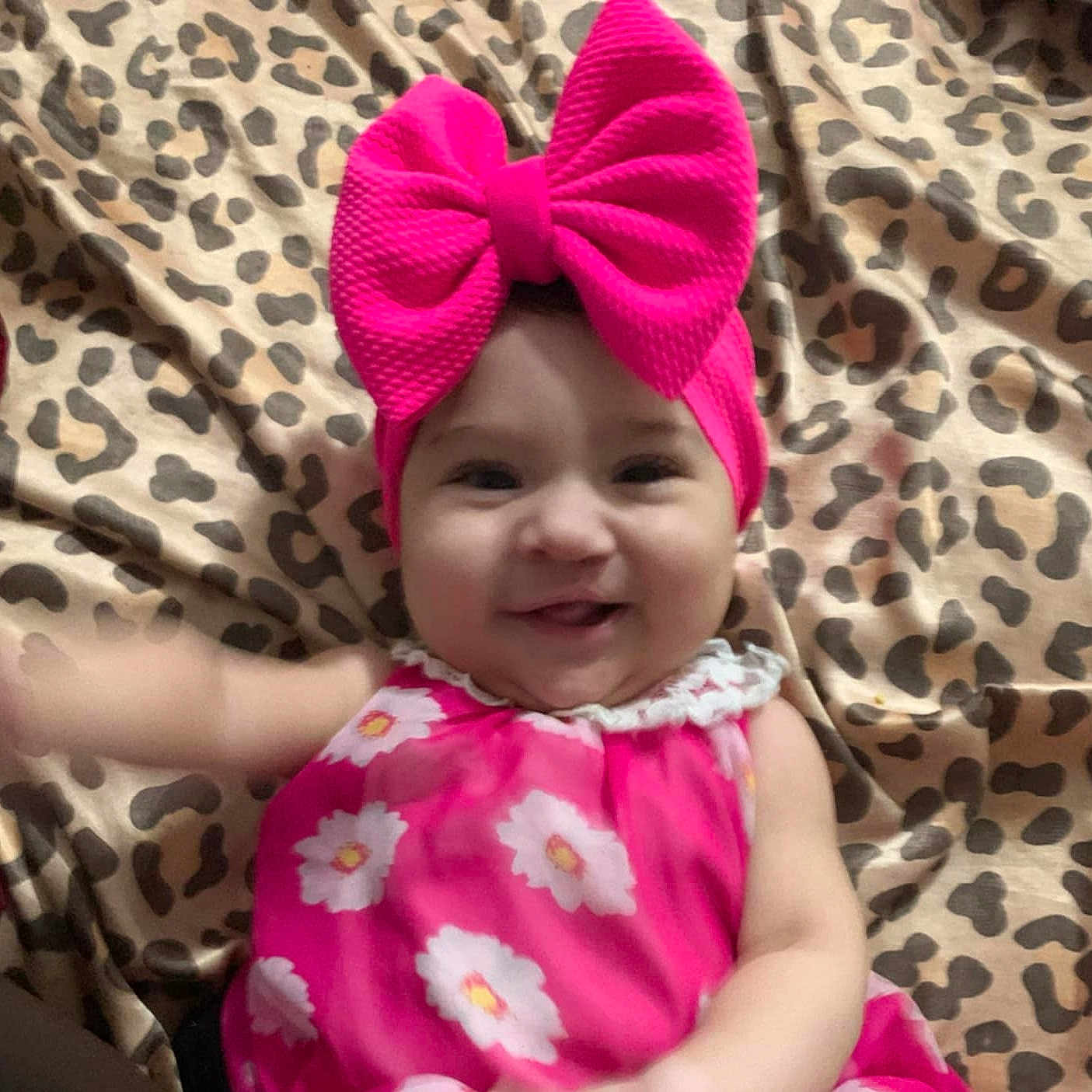 Sevinna joined the competition — help win amazing prizes! arm_motion, baby, baby_girl, blanket, child, clothing, cute, face, floral_dress, happy, headband, indoors, infant, leopard_print, lying_down, patterned_background, person, pink_bow, portrait, smiling