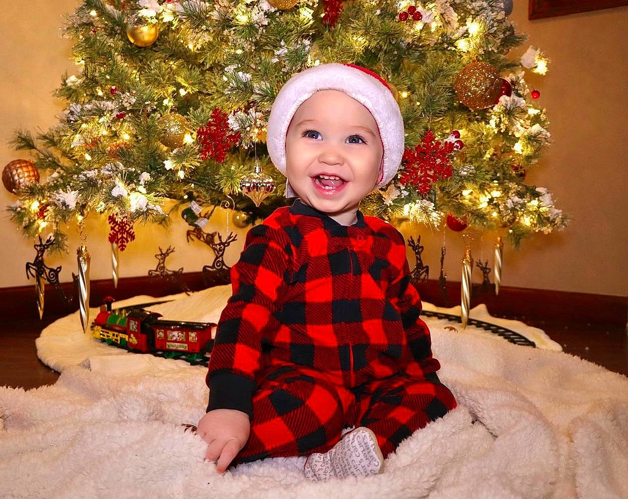 Gianni is registered to the contest to win money with this photo: baby_toddler_clothing, christmas, christmas_decoration, christmas_ornament, christmas_tree, event, facial_expression, happy, head, headwear, holiday, holiday_ornament, human_body, ornament, person, plaid, sleeve, smile, tartan, toddler