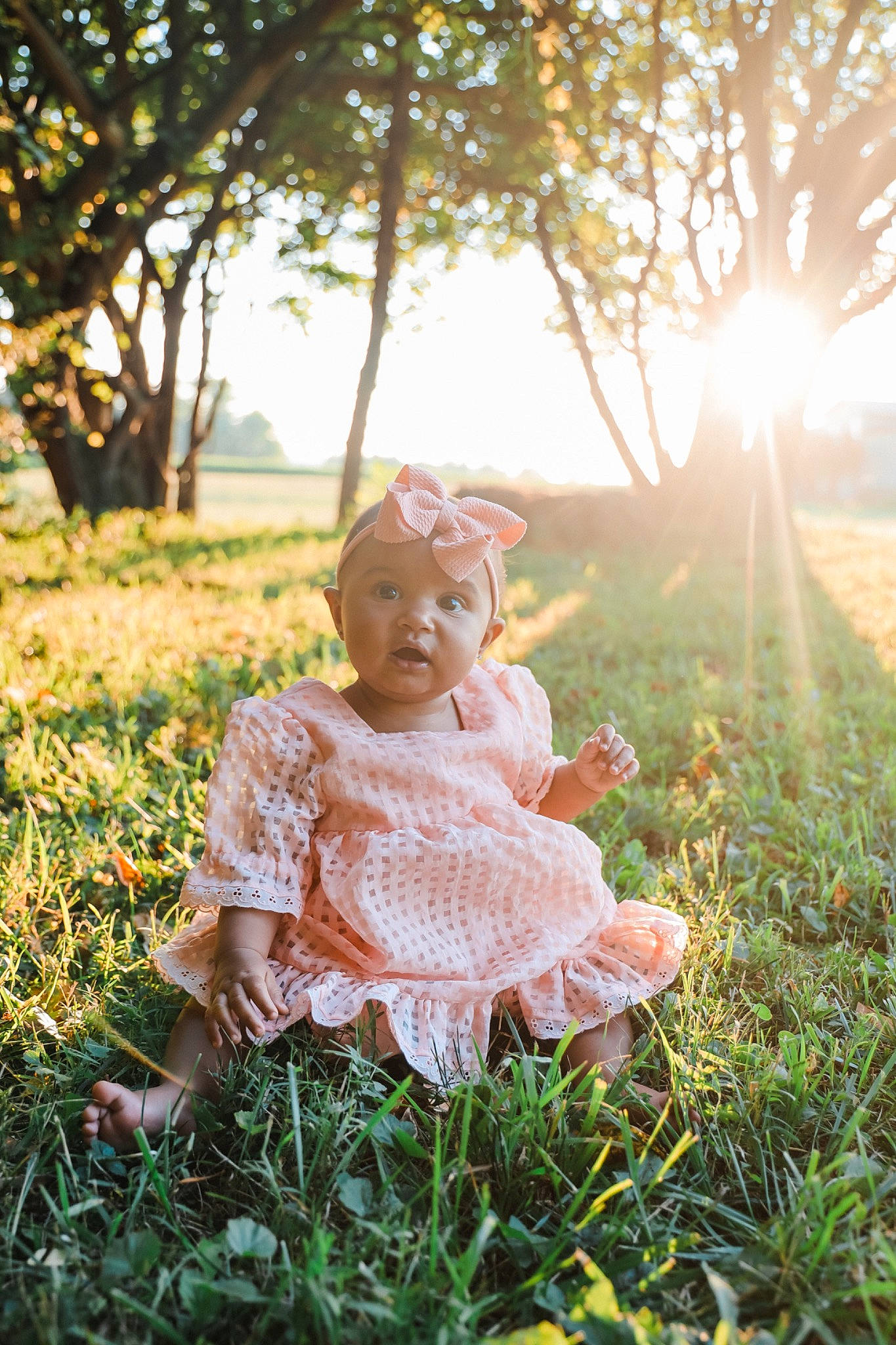 Evie is registered to the contest to win money with this photo: baby, dress, eye, fawn, flash_photography, grass, grassland, happy, headwear, landscape, light, lighting, meadow, people_in_nature, person, plant, sky, summer, sunlight, toy