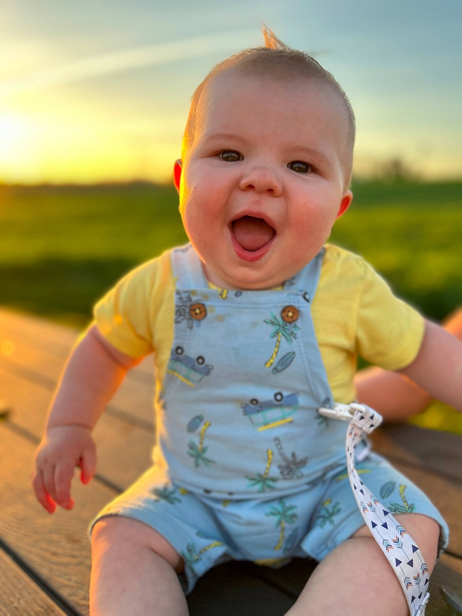 Hudson is registered to the contest to win money with this photo: baby, baby_toddler_clothing, chin, cloud, face, flash_photography, grass, hairstyle, happy, iris, orange, people_in_nature, person, pink, skin, sky, sleeve, smile, standing, sunlight