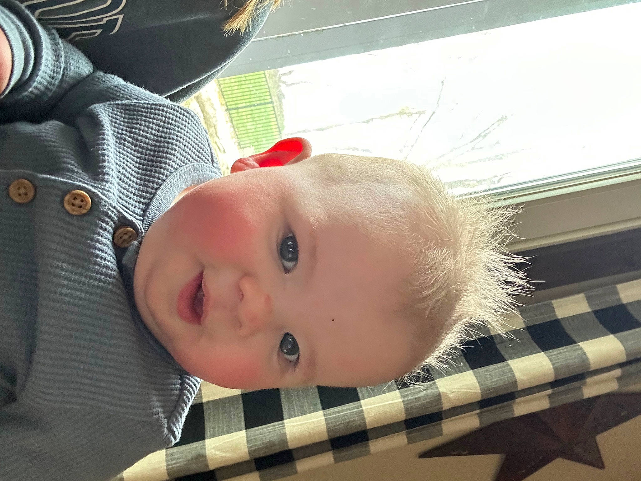 Hudson is registered to the contest to win money with this photo: baby, baby_toddler_clothing, cheek, child, comfort, eye, pattern, person, plaid, tartan, toddler, tree, window, wood