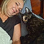 Rasputish joined the competition — help win amazing prizes! woman, cat, tortoiseshell_cat, lying_down, pillow, bed, blanket, indoor, portrait, smile, resting, furniture, head, face, hair, closeup, cozy, relaxation, pet, animal