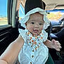 baby, car_interior, car_seat, child, closeup, cute, daylight, floral_bib, happy, hat, infant, person, portrait, reaching_hand, seat, smiling, sunlight, travel, white_clothing, window
