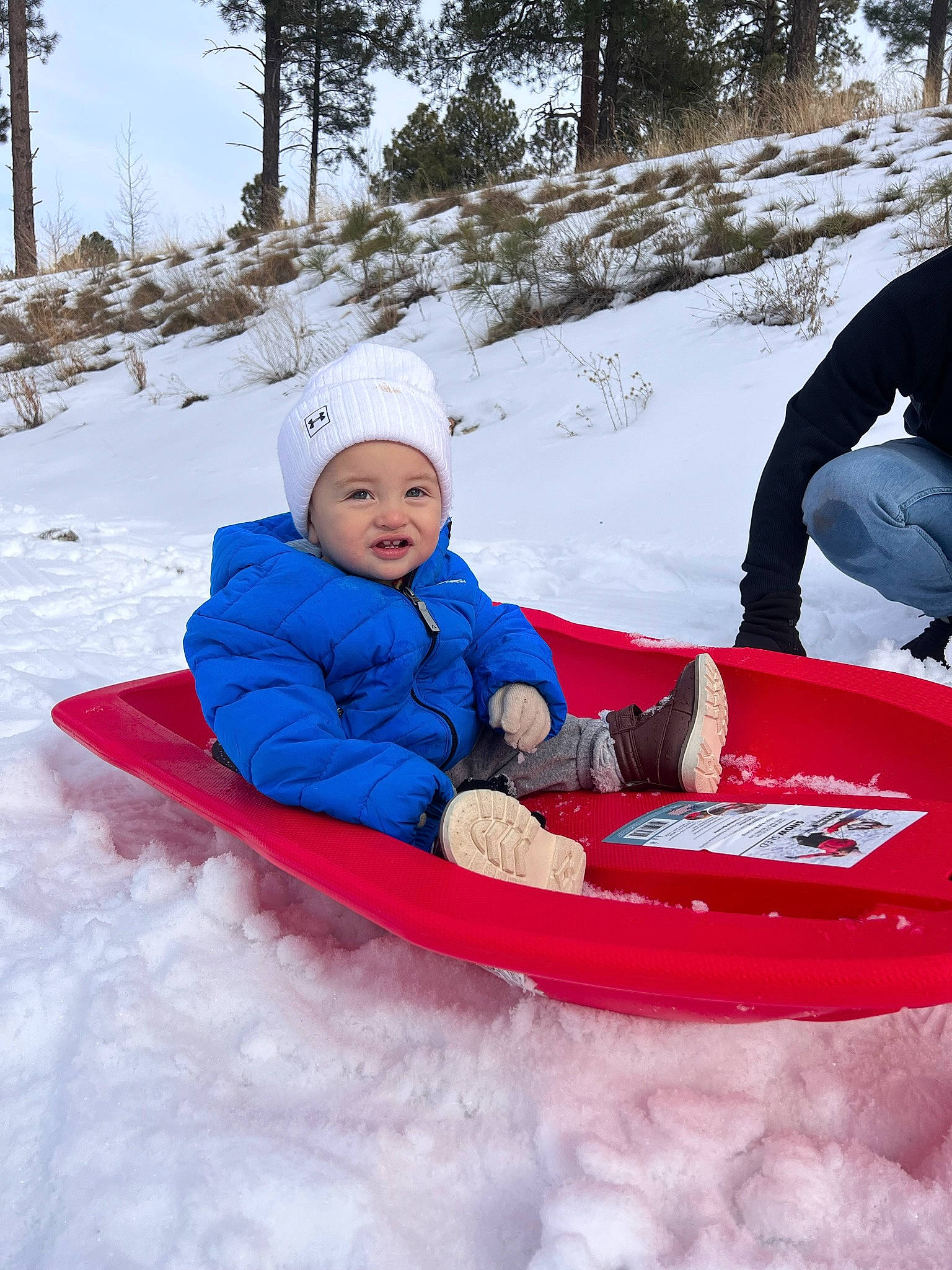 Alessio is registered to the contest to win money with this photo: baby_toddler_clothing, child, event, freezing, fun, geological_phenomenon, headwear, ice_cap, leisure, person, plant, play, playing_with_kids, recreation, sled, sledding, slope, smile, snow, toddler