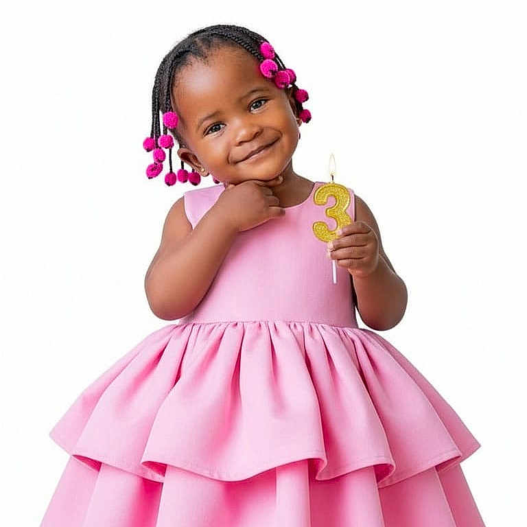 Mónica is registered to the contest to win money with this photo: birthday, candle, celebration, child, cute, dress, fashion, fun, girl, hairstyle, happy, isolated, number_three, person, pink, pom_poms, portrait, smile, studio, young