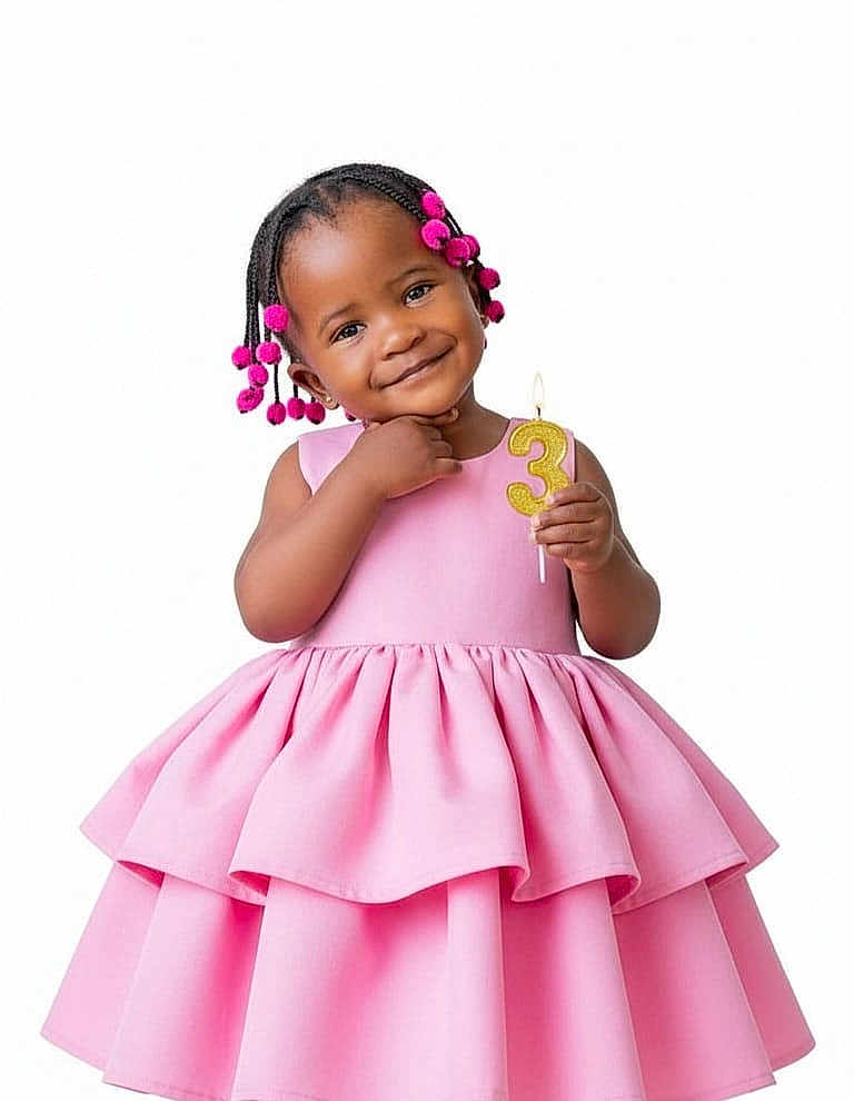 Mónica is registered to the contest to win money with this photo: child, girl, birthday, dress, pink, smile, candle, number_three, hairstyle, pom_poms, celebration, portrait, happy, cute, fashion, studio, isolated, young, person, fun