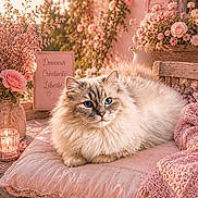 Lennox a rejoint le concours — aidez-le/la à gagner de superbes lots ! blanket, blue_eyes, candle, cat, cozy, cushion, decor, flowers, fluffy, knitted, outdoor, pet, pink, portrait, relaxed, romantic, soft_light, sunlight, vase, wooden_table