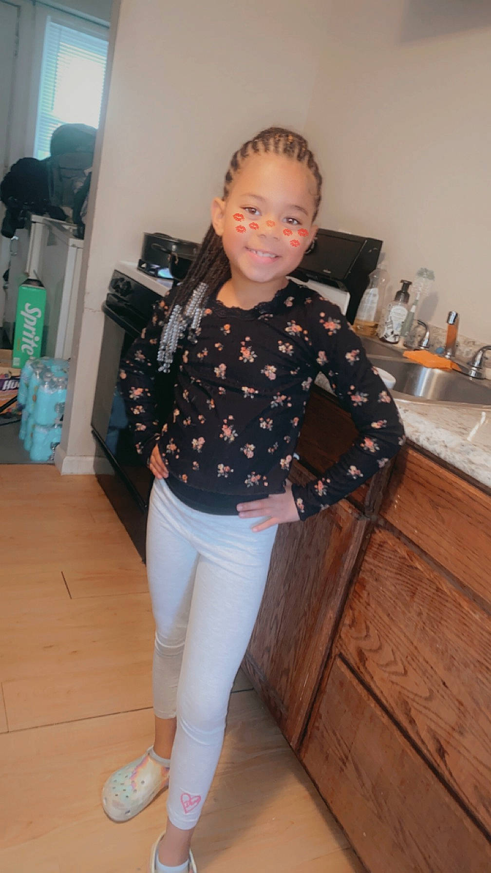 Nevaeh joined the competition — help win amazing prizes! cabinetry, countertop, fashion_design, flooring, hardwood, human_leg, joy, kitchen, knee, pattern, person, plumbing_fixture, shoulder, sleeve, smile, sportswear, tap, thigh, trunk, waist