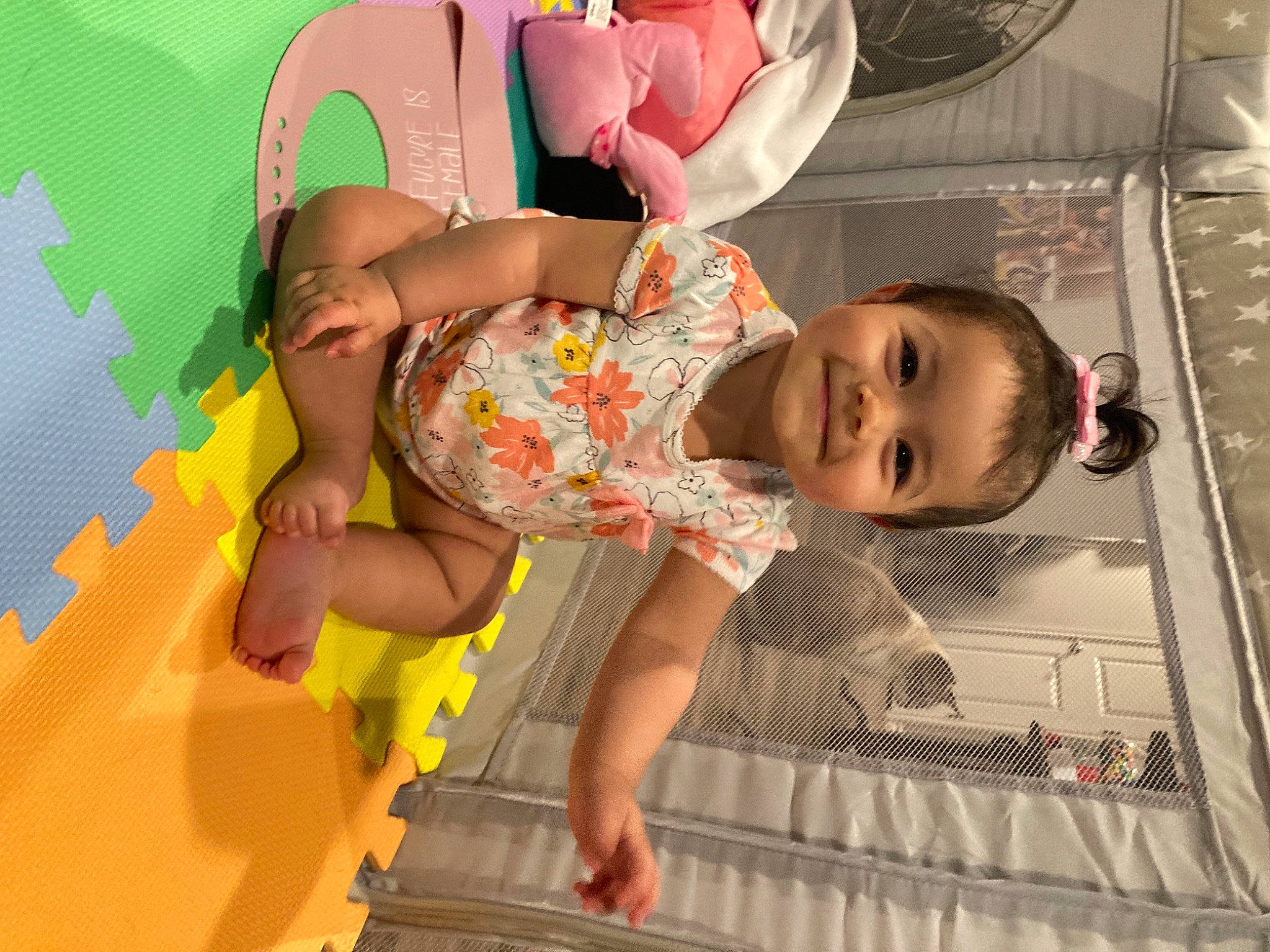 Camilla joined the competition — help win amazing prizes! baby, baby_products, baby_toddler_clothing, child, comfort, dress, facial_expression, fun, happy, joy, leisure, pattern, person, pink, play, product, room, skin, smile, t_shirt