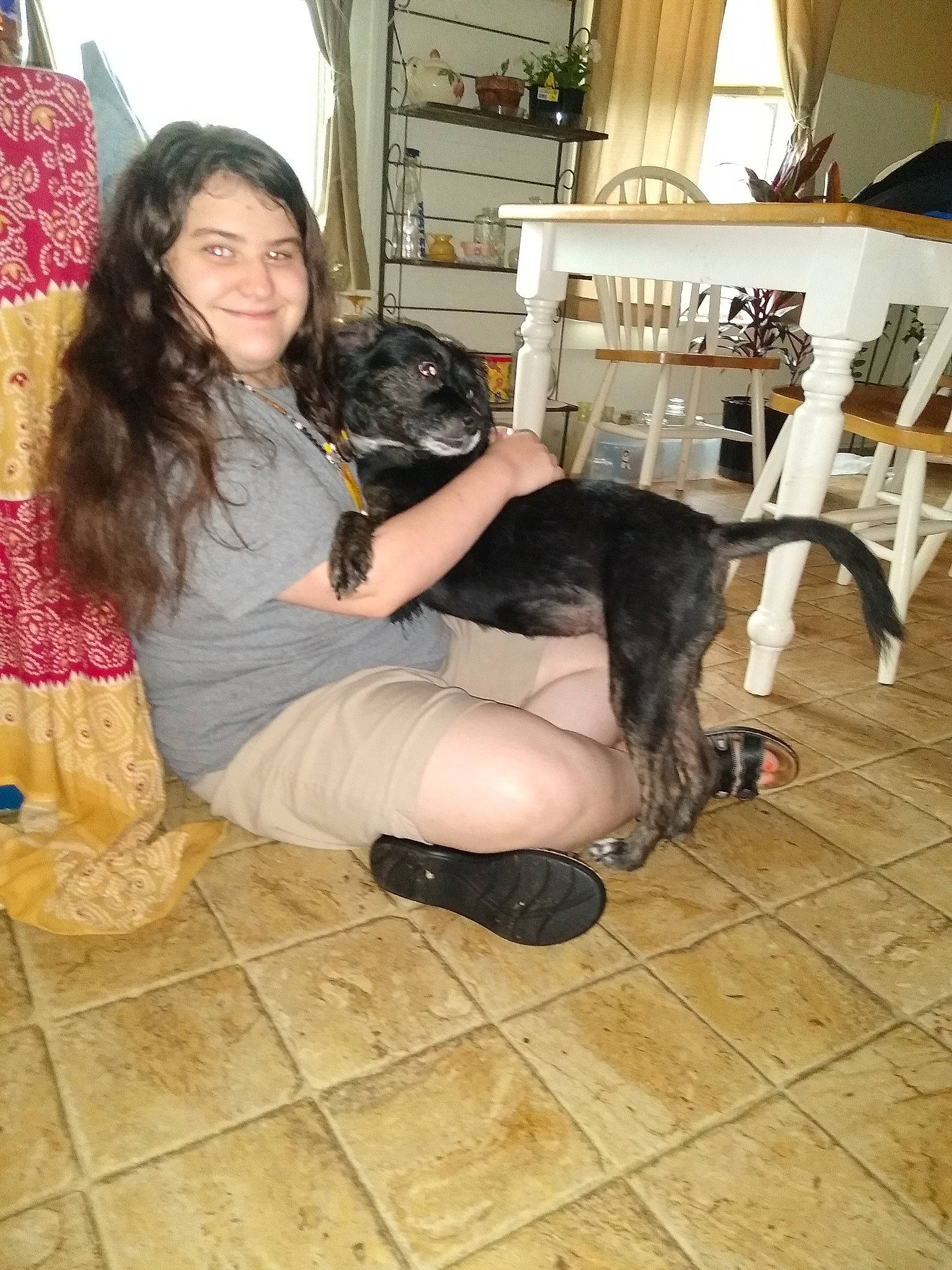 Evee is registered to the contest to win money with this photo: black_hair, canidae, companion_dog, dog_breed, fawn, fur, guard_dog, joy, leg, long_hair, person, sitting, thigh